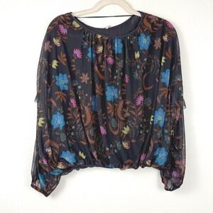 Free People Black Sheer Floral Boho Peasant‎ Blouse Long Sleeve Small Petite